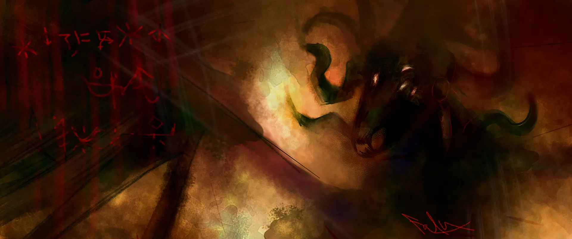 The sanctum of Meirkien under a blood-red skylight.